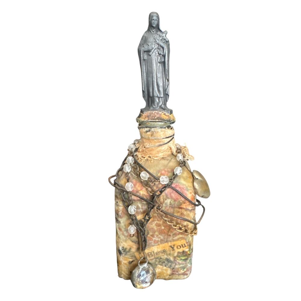 Vintage Mixed Media Covered Bottle with Saint Figurine and Charms